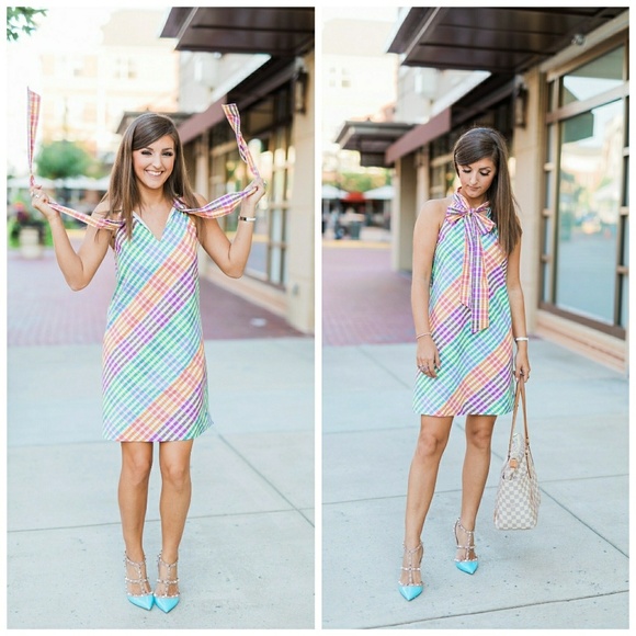 NWT, J.Crew Tie Neck Rainbow Gingham Dress - Picture 4 of 6
